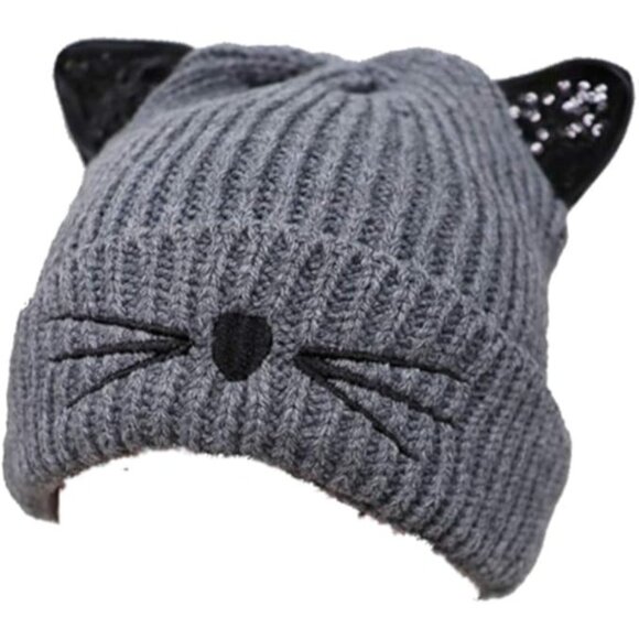 Knit Cat Ear Beanie Hat With Faux Fur Lining - Picture 1 of 2